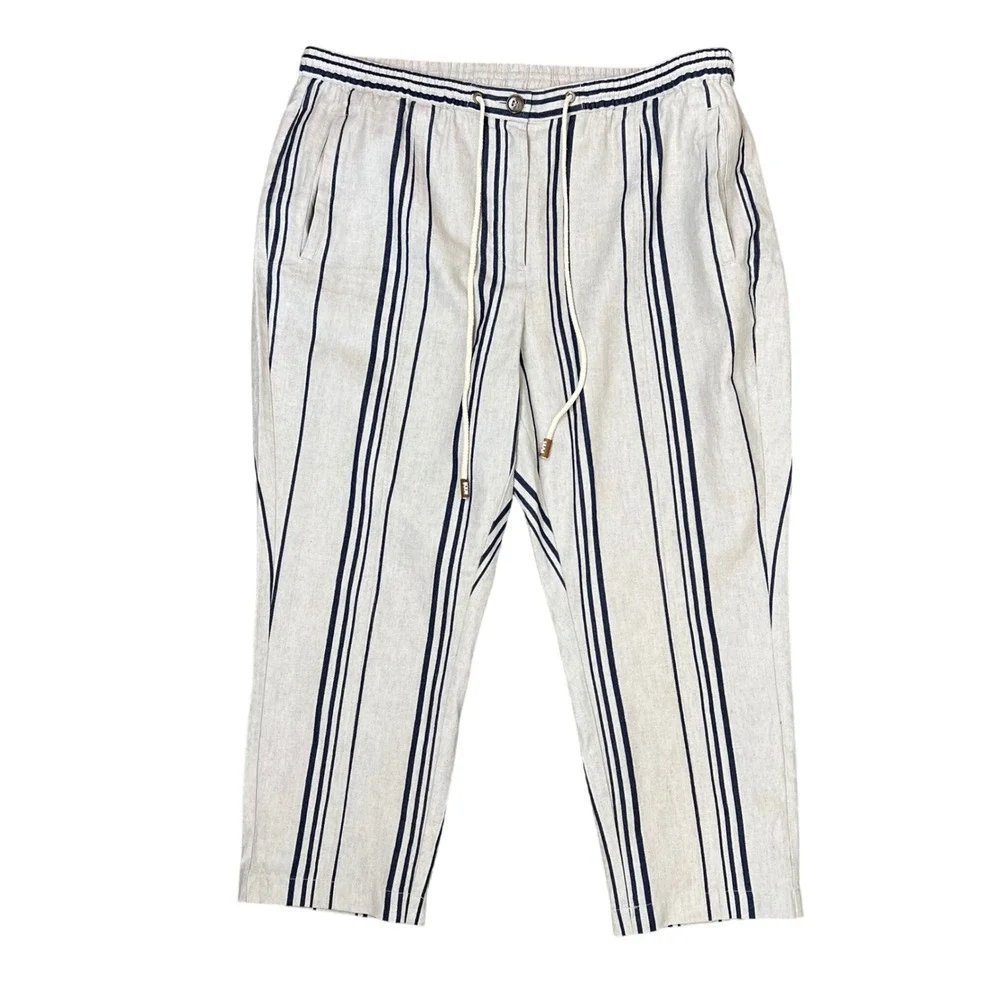 Soft Surroundings‎ Striped Linen Blend Pants Womens 1X Beige Navy Blue Coastal